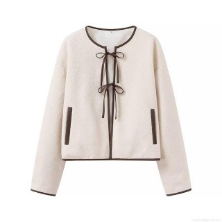 Women's Elegant Faux Shearling Jacket Granule Fleece Contrast Trim Round Neck Bowknot Lace Up Short Coat Casual Fashion Sweet Outerwear For Women