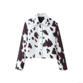 Women Casual Cow Print Jacket Fashion Polyester Lapel Button Down Cropped Outerwear Long Sleeve Streetwear Top For Ladies