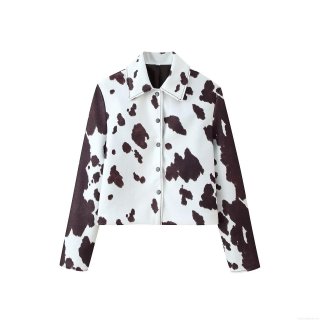 Women Casual Cow Print Jacket Fashion Polyester Lapel Button Down Cropped Outerwear Long Sleeve Streetwear Top For Ladies