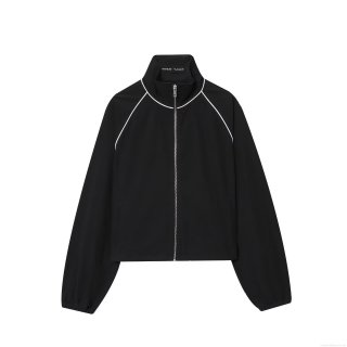 Women's Sporty Black Bomber Jacket Polyester Windproof Stand Collar Coat With Contrast Piping Streetwear Outerwear For Daily Casual Wear