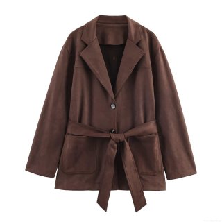 Women's Faux Suede Jacket With Belt Solid Color Lapel Long Sleeve Casual Loose Mid-Length Coat Outerwear Fashion Streetwear Jacket For Women