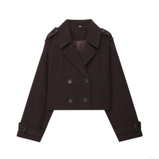 Women's Short Trench Coat Fashion Double Breasted Lapel Jacket With Epaulettes Solid Coffee Polyester Windbreaker Coat For Autumn Spring Daily Casual Elegant Ladies Outerwear
