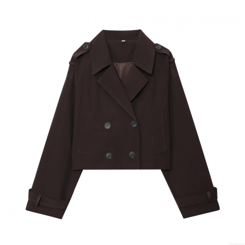 Women's Short Trench Coat Fashion Double Breasted Lapel Jacket With Epaulettes Solid Coffee Polyester Windbreaker Coat For Autumn Spring Daily Casual Elegant Ladies Outerwear