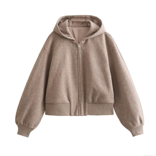 Women's Casual Short Hooded Bomber Jacket Loose Warm Woolen Texture Full Zip Outerwear Autumn Winter Fashion Streetwear Ladies Coat