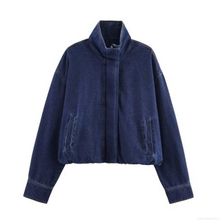 Women Casual Denim Jacket Stand Collar Long Sleeve Zipper Drawstring Waist Loose Coat Streetwear Fashion Outerwear Solid Blue Jacket