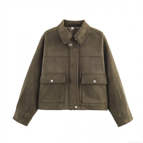Women's Loose Suede Texture Jacket With Lapel Collar Single Breasted Metal Buttons Short Casual Streetwear Coat For Autumn Spring Lady