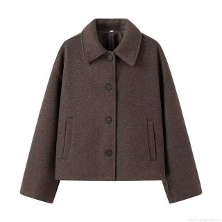 Women Short Woolen Texture Jacket Casual Loose Lapel Single-Breasted Outerwear Coat Solid Coffee Brown Pockets Autumn Winter Fashion