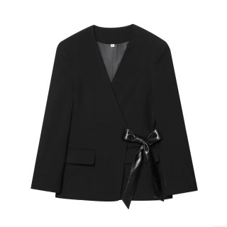 Women's V Neck Blazer Jacket With Faux Leather Bow Tie Waist Wrap Design Solid Black Long Sleeve Polyester Outerwear For Party Office Casual Socialite Style