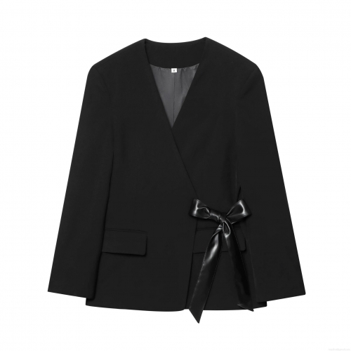 Women's V Neck Blazer Jacket With Faux Leather Bow Tie Waist Wrap Design Solid Black Long Sleeve Polyester Outerwear For Party Office Casual Socialite Style