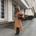 Women's Elegant Long Wool Blend Coat With Integrated Scarf Waist Tie Soft Autumn Winter Outerwear Jacket For Ladies Office Streetwear Camel