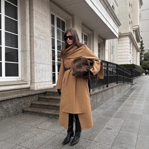 Women's Elegant Long Wool Blend Coat With Integrated Scarf Waist Tie Soft Autumn Winter Outerwear Jacket For Ladies Office Streetwear Camel