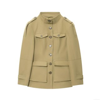 Women's Military Style Jacket Casual Khaki Utility Outerwear Stand Collar Long Sleeve Multi Pocket Button Down Coat For Women Fashion Autumn Spring