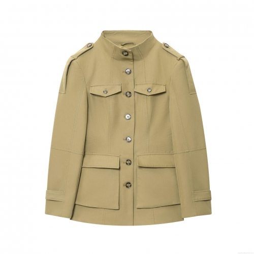 Women's Military Style Jacket Casual Khaki Utility Outerwear Stand Collar Long Sleeve Multi Pocket Button Down Coat For Women Fashion Autumn Spring