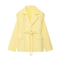 Women's Fashion Lemon Yellow Blazer With Waist Belt Long Sleeve Suit Collar Polyester Solid Color Casual Office Jacket Elegant Suit Coat For Women