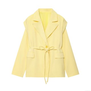 Women's Fashion Lemon Yellow Blazer With Waist Belt Long Sleeve Suit Collar Polyester Solid Color Casual Office Jacket Elegant Suit Coat For Women
