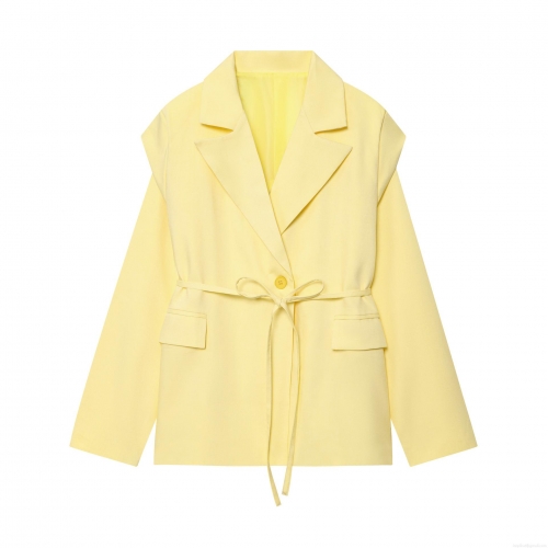 Women's Fashion Lemon Yellow Blazer With Waist Belt Long Sleeve Suit Collar Polyester Solid Color Casual Office Jacket Elegant Suit Coat For Women