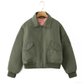 Women's Army Green Bomber Jacket With Pink Quilted Lining Windproof Polyester Short Moto Outerwear For Casual Daily Wear