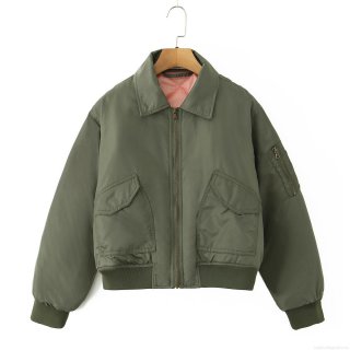 Women's Army Green Bomber Jacket With Pink Quilted Lining Windproof Polyester Short Moto Outerwear For Casual Daily Wear