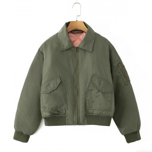 Women's Army Green Bomber Jacket With Pink Quilted Lining Windproof Polyester Short Moto Outerwear For Casual Daily Wear
