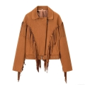 Women's Vintage Faux Suede Fringe Jacket With Tassels Lapel Zipper Western Style Short Coat And Belt Bohemian Casual Outerwear