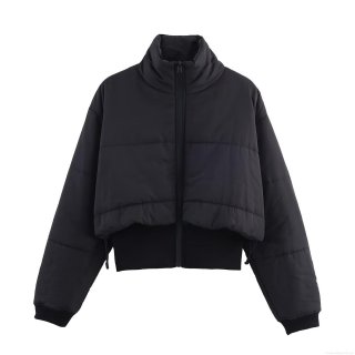 Women's Solid Black Cropped Puffer Jacket Stand Collar Quilted Cotton Padded Coat With Drawstring Hem Zipper Closure Winter Warm Outerwear For Women