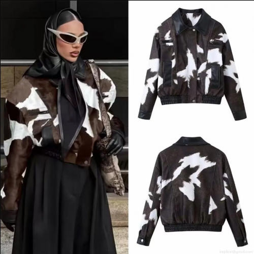 Women's Cow Print Faux Fur Short Jacket Zip Up Flight Coat With PU Leather Trim Streetwear Casual Long Sleeve Lapel Outerwear For Ladies