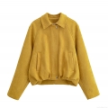 Women's Fashion Faux Suede Jacket Ginger Yellow Lapel Collar Zip Up Short Coat Raglan Sleeve Casual Solid Color Autumn Winter Outerwear With Pockets