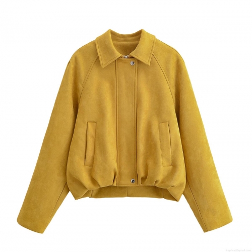 Women's Fashion Faux Suede Jacket Ginger Yellow Lapel Collar Zip Up Short Coat Raglan Sleeve Casual Solid Color Autumn Winter Outerwear With Pockets