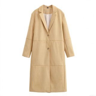 Women Fashion Casual Faux Suede Long Coat Elegant Lapel Double Button Panelled Outerwear Jacket For Autumn Winter Women