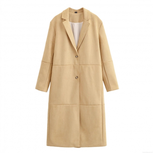 Women Fashion Casual Faux Suede Long Coat Elegant Lapel Double Button Panelled Outerwear Jacket For Autumn Winter Women
