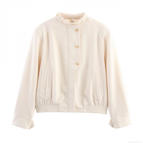 Women's Casual Short Jacket 100% Polyester Woven Stand Collar Button Outerwear for Daily Commuting Minimalist Elegant Coat