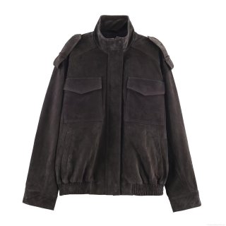 Women's Vintage Faux Suede Leather Jacket Short Bomber Style Coat With Epaulettes Stand Collar Zip Pockets Solid Color Casual Outwear Ladies Fashion Jacket