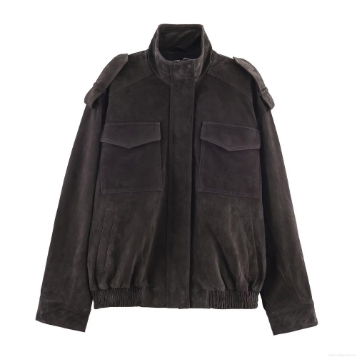 Women's Vintage Faux Suede Leather Jacket Short Bomber Style Coat With Epaulettes Stand Collar Zip Pockets Solid Color Casual Outwear Ladies Fashion Jacket