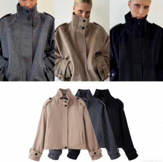 Women's Wool Blend Short Jacket Loose Fit Stand Collar Coat With Epaulets Casual Streetwear Outerwear Solid Color Long Sleeve Jacket For Women