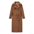 Women's Elegant Faux Suede Trench Coat Double Breasted Long Jacket With Belt Autumn Winter Solid Color Outwear For Ladies