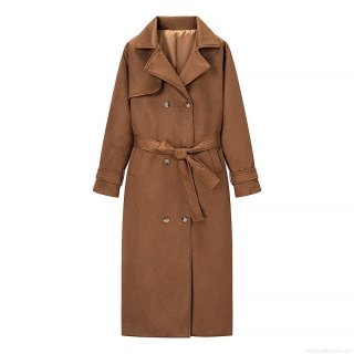 Women's Elegant Faux Suede Trench Coat Double Breasted Long Jacket With Belt Autumn Winter Solid Color Outwear For Ladies