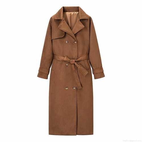 Women's Elegant Faux Suede Trench Coat Double Breasted Long Jacket With Belt Autumn Winter Solid Color Outwear For Ladies
