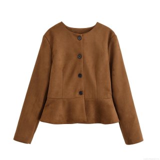 Women's Fashion Faux Suede Peplum Jacket Round Neck Long Sleeve Single Breasted Solid Color Casual Short Coat Streetwear Outerwear For Spring Autumn