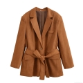 Women's Faux Suede Blazer Jacket With Waist Tie Belt Lapel Collar Long Sleeve Solid Color Casual Autumn Spring Coat For Women