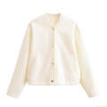 Women's Elegant Cream Woolen Felt Bomber Jacket Gold Button Short Baseball Outwear Minimalist Long Sleeve Cropped Coat For Women Spring Autumn