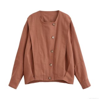 Women's Round Neck Long Sleeve Blazer Jacket 100% Polyester Solid Color Terracotta Single Breasted Metal Button Casual Work Office Outerwear Coat