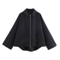 Women's Vintage Oversized Short Jacket Loose Zipper Solid Color Coat With Lapel Collar For Commute Party Casual Long Sleeve Outerwear