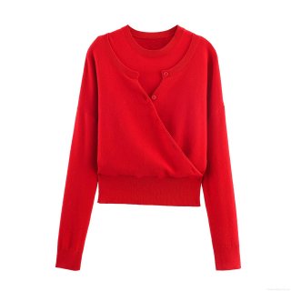Women's Fashion Red Double Layer Knit Jacket Lapel Long Sleeve Solid Color Button Up Slim Fit Cardigan Streetwear Outerwear With Pockets