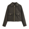 Women Fashion Casual Short Woolen Jacket Coat Solid Color Lapel Zip Up Outerwear With Large Pockets Autumn Winter Stylish Ladies Clothing