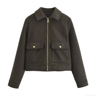 Women Fashion Casual Short Woolen Jacket Coat Solid Color Lapel Zip Up Outerwear With Large Pockets Autumn Winter Stylish Ladies Clothing
