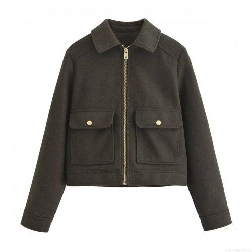 Women Fashion Casual Short Woolen Jacket Coat Solid Color Lapel Zip Up Outerwear With Large Pockets Autumn Winter Stylish Ladies Clothing