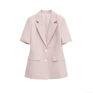 Women's Short Sleeve Blazer Jacket Casual Slim Fit 100% Polyester Solid Color Lapel Collar Single Breasted Office Outwear Pink