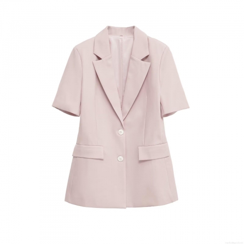Women's Short Sleeve Blazer Jacket Casual Slim Fit 100% Polyester Solid Color Lapel Collar Single Breasted Office Outwear Pink