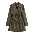 Women's Military Green Double-Breasted Trench Coat 100% Polyester Suede Texture Lapel Long Sleeve Belted Elegant Office Lady Casual Outerwear