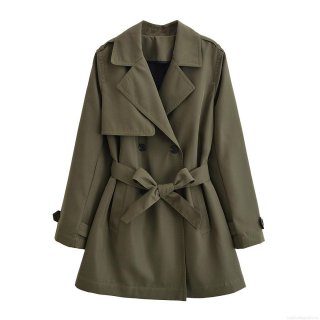Women's Military Green Double-Breasted Trench Coat 100% Polyester Suede Texture Lapel Long Sleeve Belted Elegant Office Lady Casual Outerwear